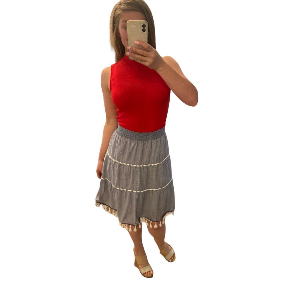 Studio West Women's Chambray Boho Skirt with Tassel Hem. MEDIUM